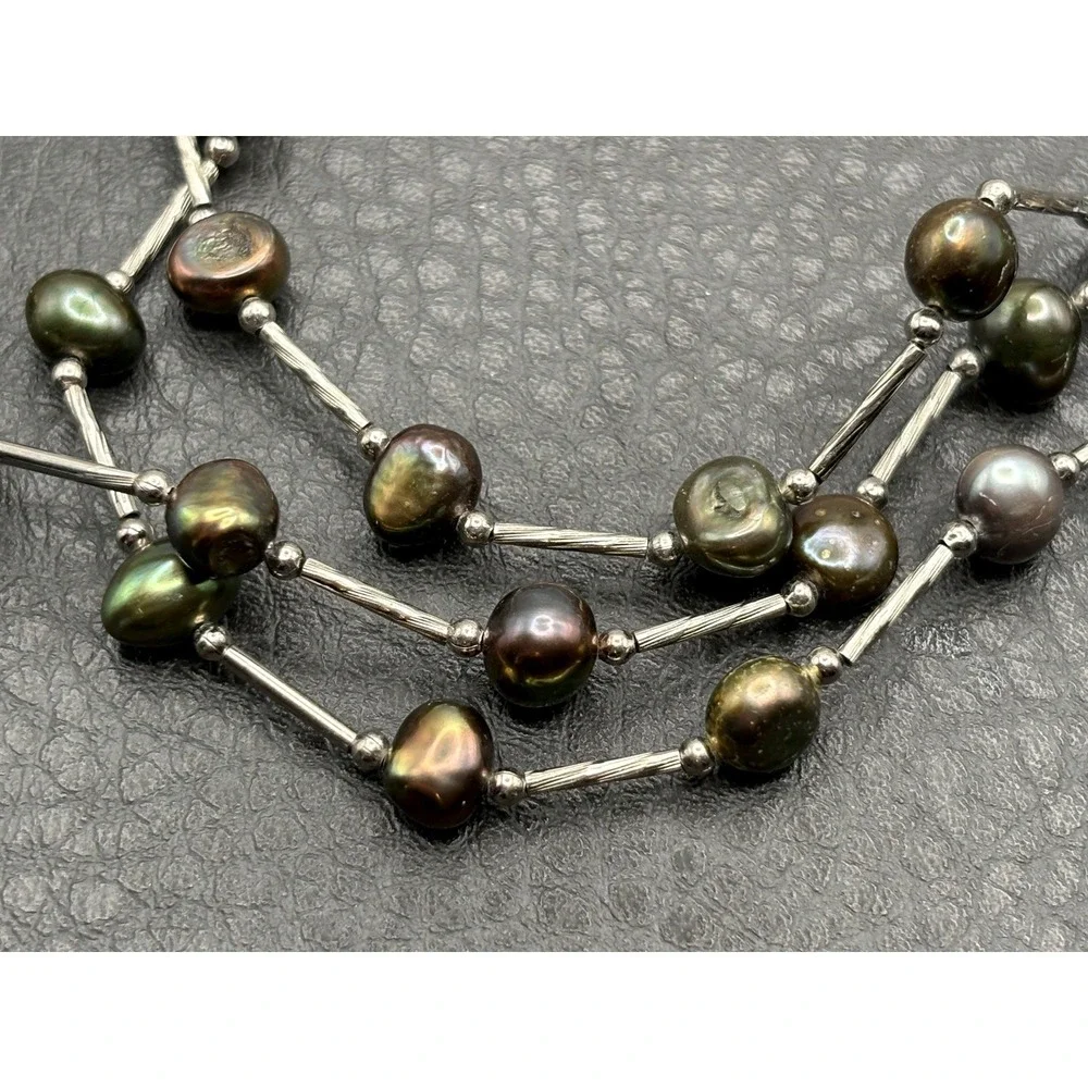 Iridescent Multi-Strand Pearl Bead Necklace 7mm Freshwater Silver Tone 17